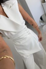 Drapeli Beli Bağlamalı Yelek Takım Beyaz - Görsel 3