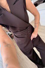 Drapeli Beli Bağlamalı Yelek Takım Kahverengi - Görsel 3