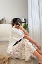 Kısa Astarlı Güpürlü Midi Etek Beyaz - Görsel 2