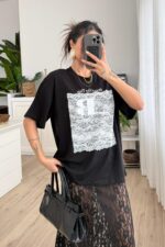 Born Önü Dantelli Tişört Siyah