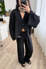 Tek Düğmeli Tensel Kimono Takım Siyah - Görsel 2