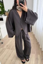 Tek Düğmeli Tensel Kimono Takım Kahverengi - Görsel 2