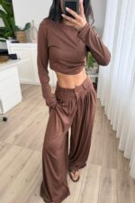 Pantolonu Pileli Bluz Takım Kahverengi - Görsel 2