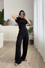 Pile Detaylı Modal Kumaş Takım Siyah