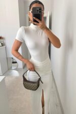 Üstü Bodysuit Drapeli Soft Touch Elbise Beyaz - Görsel 2