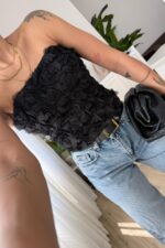 Balenli Güllü Straplez Bluz siyah - Görsel 2