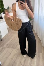 Pareosu Taşlı Saten Pantolon Siyah - Görsel 2