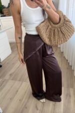 Pareosu Taşlı Saten Pantolon Kahverengi - Görsel 2