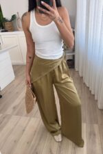 Pareosu Taşlı Saten Pantolon Yağ Yeşil - Görsel 2