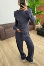 Relax Düşük Omuz Bluz Pantolon Takım Lacivert - Görsel 2