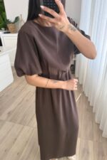 Andreen Beli Pileli Balon Kol Elbise Kahverengi - Görsel 3