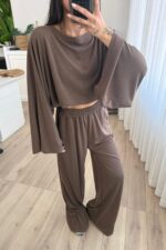 Geniş Kol Bluz Pantolon Takım Kahverengi - Görsel 2