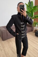 Şık Bağlantı Detaylı Ceket Pantolon Takım Siyah - Görsel 2