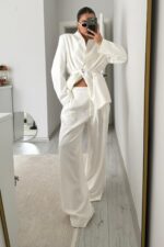 Alex Pileli Keten Pantolon Ekru