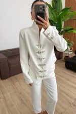 Şık Bağlantı Detaylı Ceket Pantolon Takım Beyaz - Görsel 3