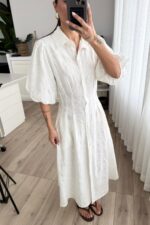 Çiçek Nakışlı Uzun Gömlek Elbise Beyaz - Görsel 2