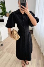 Çiçek Nakışlı Uzun Gömlek Elbise Siyah - Görsel 2