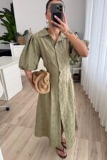 Çiçek Nakışlı Uzun Gömlek Elbise Haki - Görsel 2