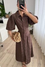 Çiçek Nakışlı Uzun Gömlek Elbise Kahverengi - Görsel 2