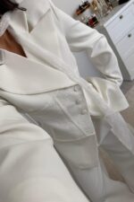 Çapraz Düğmeli Dantel Detaylı Takım Beyaz - Görsel 3