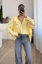 Gk V Yaka Oversize Gömlek Sarı