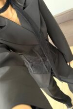 Çapraz Düğmeli Dantel Detaylı Takım Siyah - Görsel 3