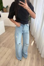 Dizi Yırtık Wide Leg Mavi Jean - Görsel 2