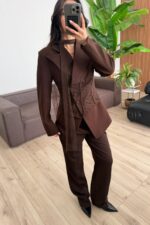 Çapraz Düğmeli Dantel Detaylı Takım Kahverengi - Görsel 2