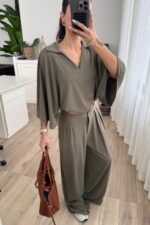 Polo Yaka Kısa Kollu Bol Pantolon Takım Haki - Görsel 2