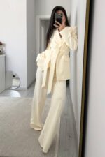 Dora Beli Bağlamalı Ceket Pantolon Takım Krem