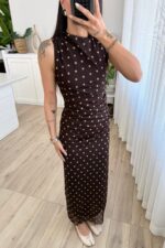 İçi Astarlı Puantiyeli Tül Elbise Kahverengi - Görsel 3