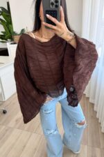 Büzgülü Transparan Bluz Kahverengi - Görsel 3