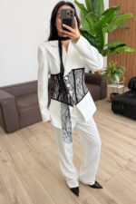 Çapraz Düğmeli Dantel Detaylı Takım Siyah Beyaz - Görsel 2