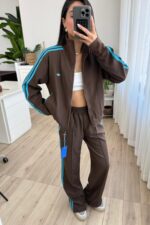 Janet Çizgili Hırka Eşofman Takım Kahverengi - Görsel 3