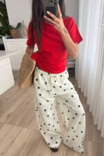 Büyük Puantiyeli Keten Pantolon Ekru Siyah