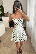 Puantiyeli Mini Balon Elbise Beyaz - Görsel 3