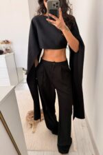 Kolları Pelerinli Crop Pantolon Takım Siyah - Görsel 3
