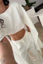 Kolları Pelerinli Crop Pantolon Takım Beyaz - Görsel 3