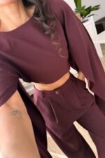 Kolları Pelerinli Crop Pantolon Takım Bordo - Görsel 3