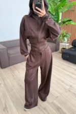 Fitil Detaylı Garnili Süprem Takım Kahverengi - Görsel 2