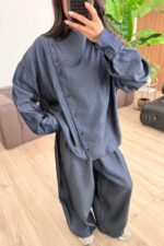 Yakası Çapraz Denim Tensel Takım Lacivert - Görsel 2