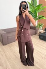 Arma Düğmeli Yelek Pantolon Takım Kahverengi - Görsel 2