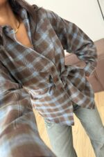 Yakası Düğmeli Bağlamalı Ekose Gömlek Mavi - Görsel 2