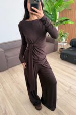 Buzzy Beli Bağlamalı Bluz Pantolon Takım Kahverengi - Görsel 2