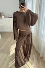 St Yarasa Kollu Beli Drapeli Pantolon Takım Kahverengi - Görsel 2