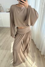 St Yarasa Kollu Beli Drapeli Pantolon Takım Toprak - Görsel 2