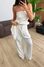 Mila Straplez Bluz Pantolon Takım Ekru - Görsel 2