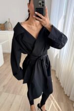 Kruvaze Yaka Geniş Omuz Gömlek Siyah - Görsel 2