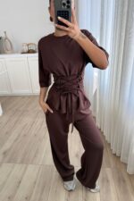 Beli Çapraz Bağlamalı Tişört Pantolon Takım Kahverengi - Görsel 2