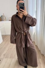 Çizgili Nubuk Gömlek Pantolon Takım Kahverengi - Görsel 2